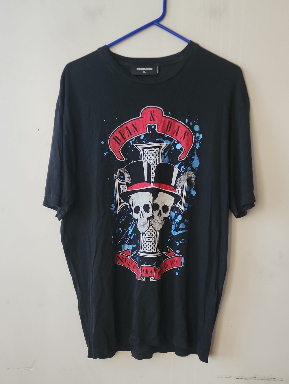 DSQUARED2 Black Tee with Red & Blue Skull Cross Graphic